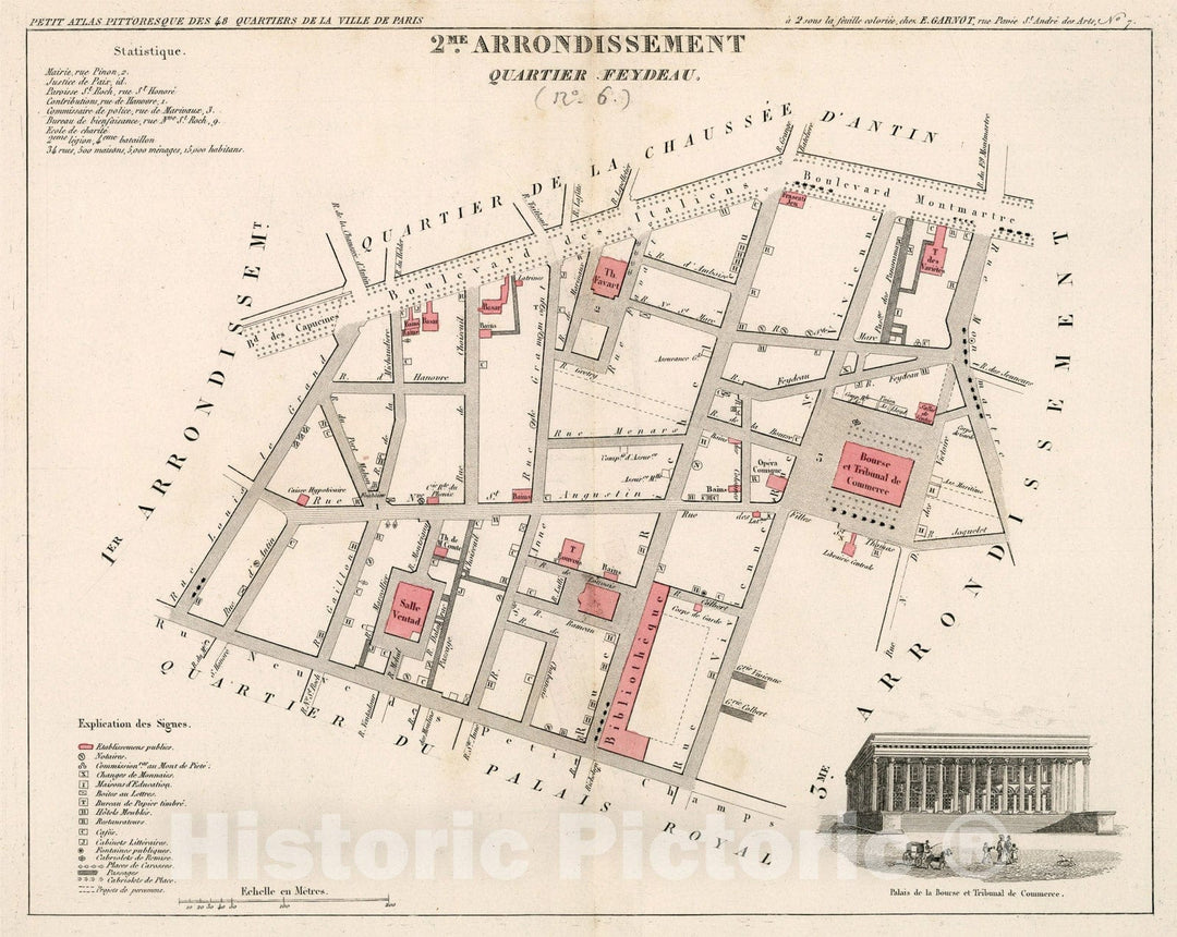 Historic Map : Paris two Me. Arrondissement : Quartier Feydeau. (No. 6), 1834, Vintage Wall Decor