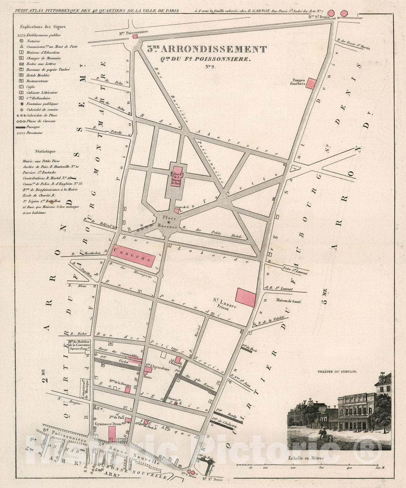 Historic Map : Paris three Me. Arrondissement : Qer. Fg. Poissonniere. No. 9, 18three4, Vintage Wall Decor