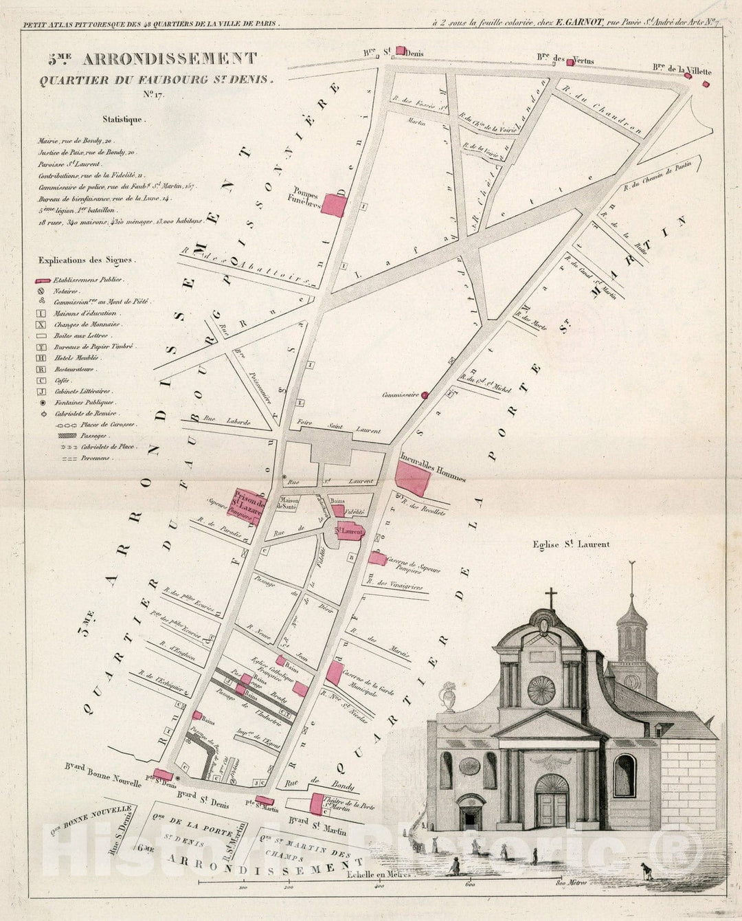 Historic Map : Paris five Me. Arrondissement : Quartier du Faubourg St. Denis. No. 17, 1834, Vintage Wall Decor