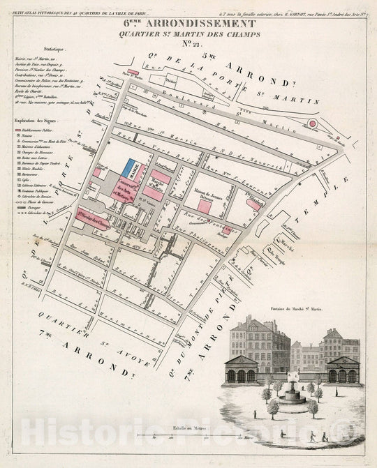 Historic Map : Paris six Eme. Arrondissement : Quartier St. Martin des Champs. No. 22, 1834, Vintage Wall Decor