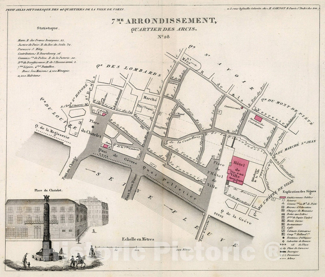 Historic Map : Paris 7Me. Arrondissement : Quartier des Arcis. No. 28, 1834, Vintage Wall Decor