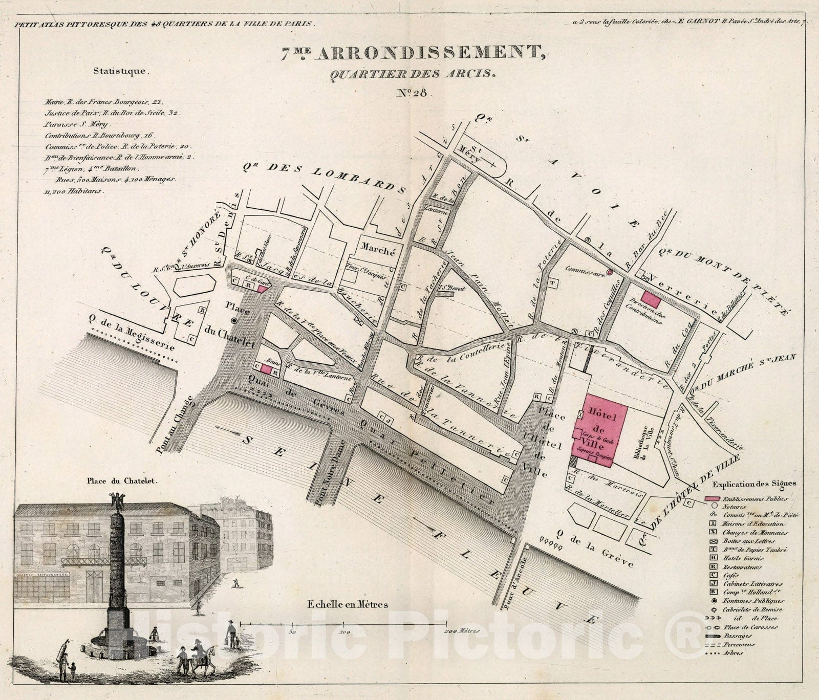 Historic Map : Paris 7Me. Arrondissement : Quartier des Arcis. No. 28, 1834, Vintage Wall Decor