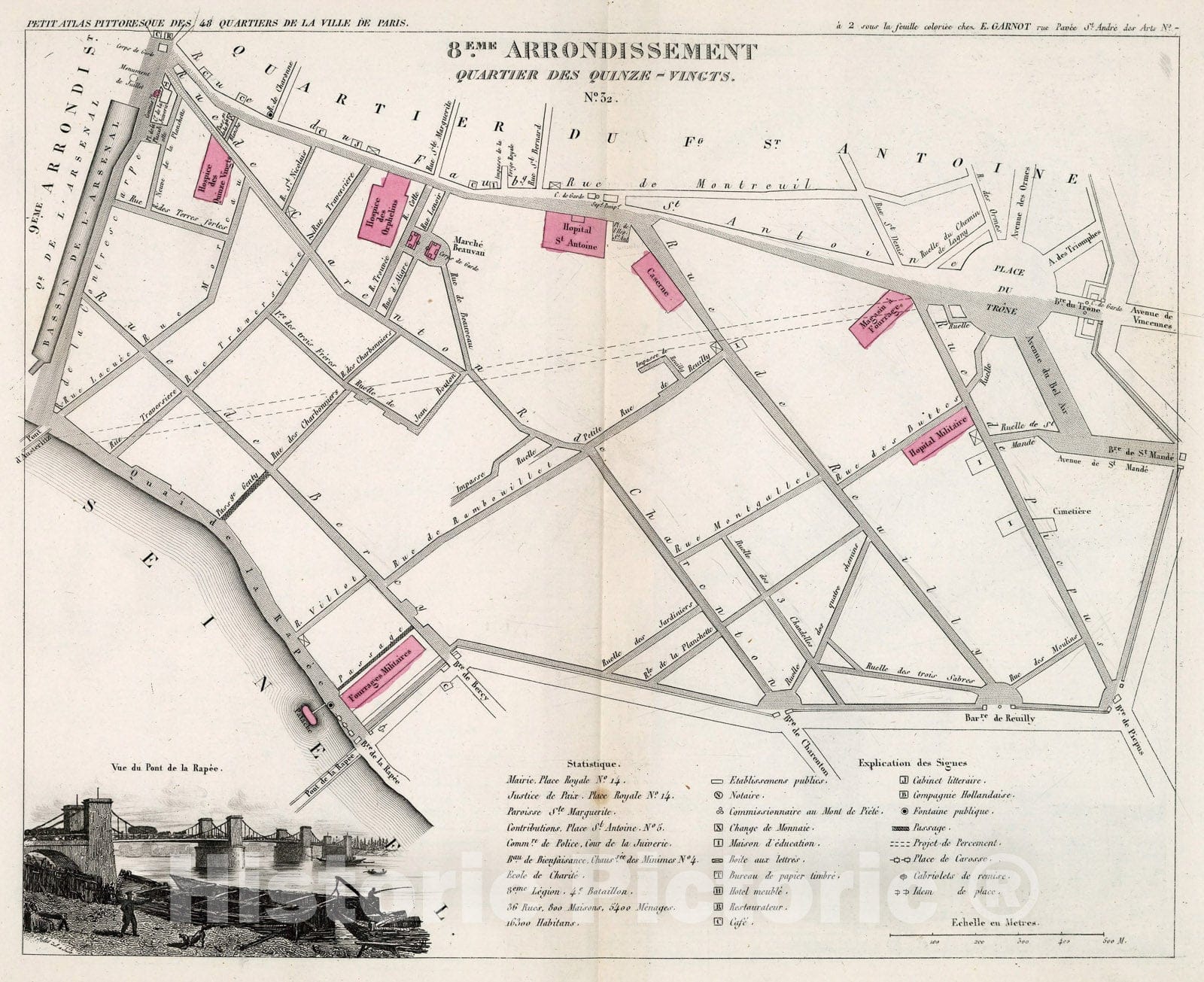 Historic Map : Paris eight Me. Arrondissement : Quartier des Quinze - Vingts. No. 32, 1eight34, Vintage Wall Decor