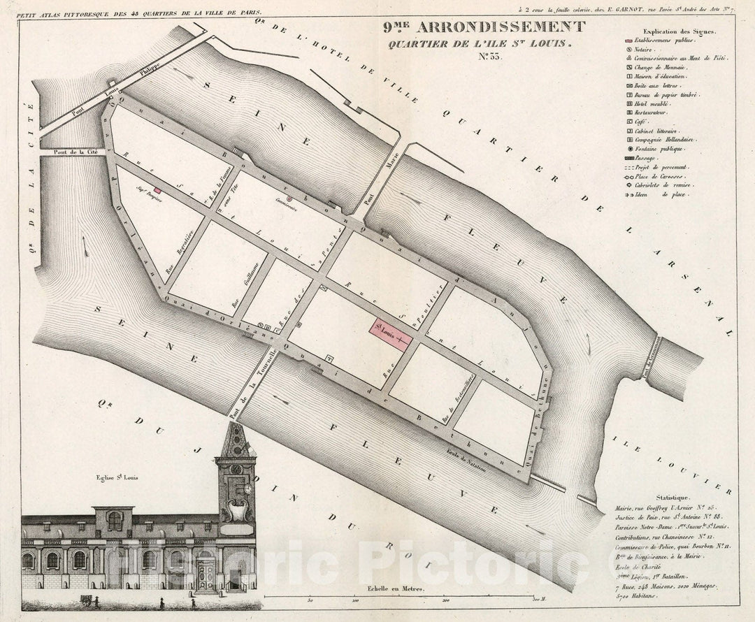 Historic Map : Paris nine Me. Arrondissement : Quartier de l'Ile St. Louis. No. 33, 1834, Vintage Wall Decor