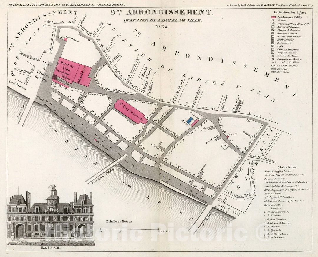 Historic Map : Paris nine Me. Arrondissement : Quartier de l'Hotel de Ville. No. 34, 1834, Vintage Wall Decor