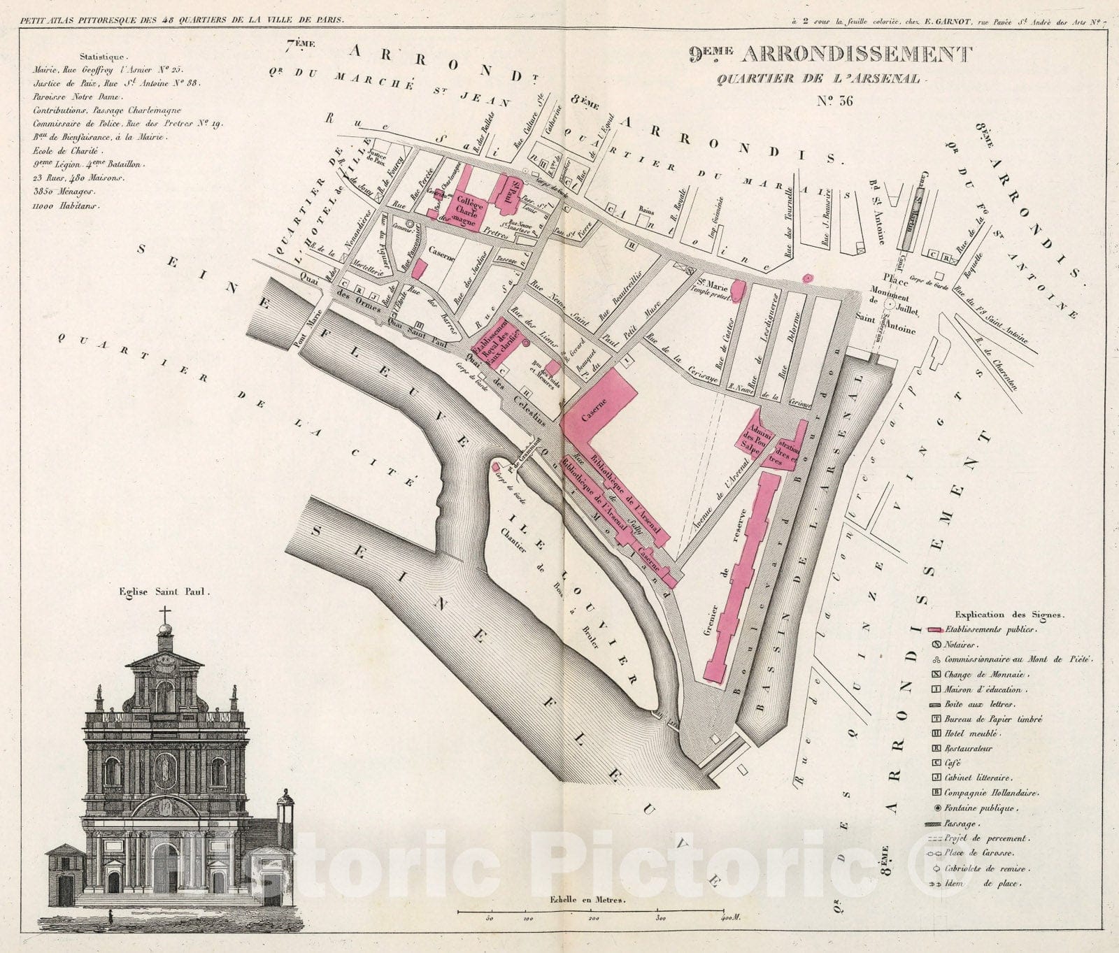 Historic Map : Paris nine Eme. Arrondissement : Quartier de l'Arsenal. No. 36, 1834, Vintage Wall Decor