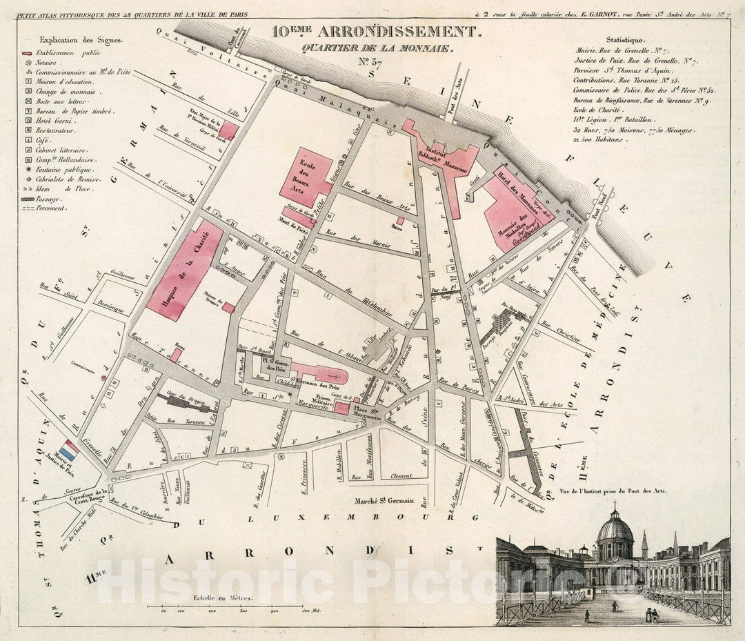 Historic Map : Paris ten Eme. Arrondissement : Quartier de la Monnaie. No. 37, 1834, Vintage Wall Decor