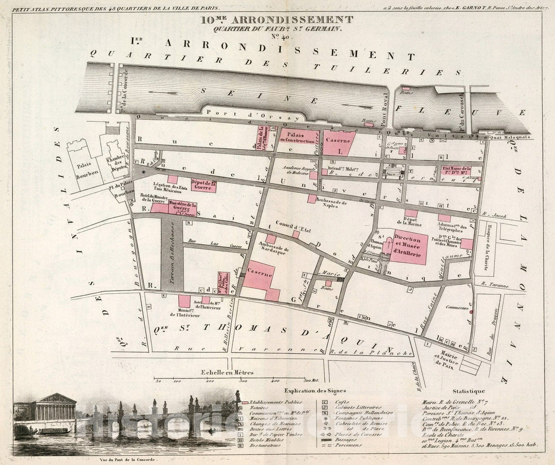 Historic Map : Paris ten Me. Arrondissement : Quartier du Faubr. St. Germain. No. 40, 1834, Vintage Wall Decor