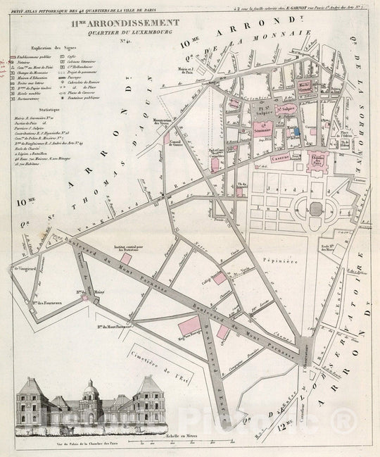 Historic Map : Paris eleven Me. Arrondissement : Quartier du Luxembourg. No. 41, 1834, Vintage Wall Decor