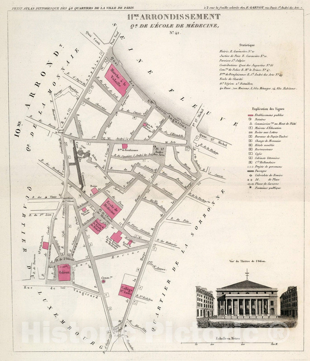 Historic Map : Paris eleven Me. Arrondissement : Quartier de l'Ecole de Medecine. No. 42, 1834, Vintage Wall Decor