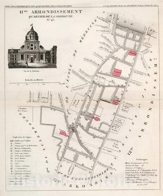 Historic Map : Paris eleven Me. Arrondissement : Quartier de la Sorbonne. No. 43, 1834, Vintage Wall Decor