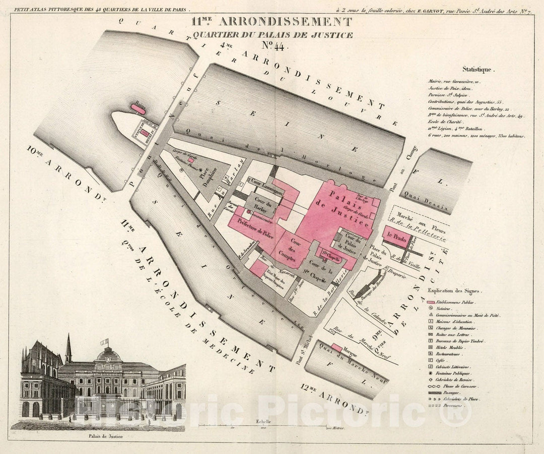 Historic Map : Paris eleven Me. Arrondissement : Quartier du Palais de Justice. No. 44, 1834, Vintage Wall Decor