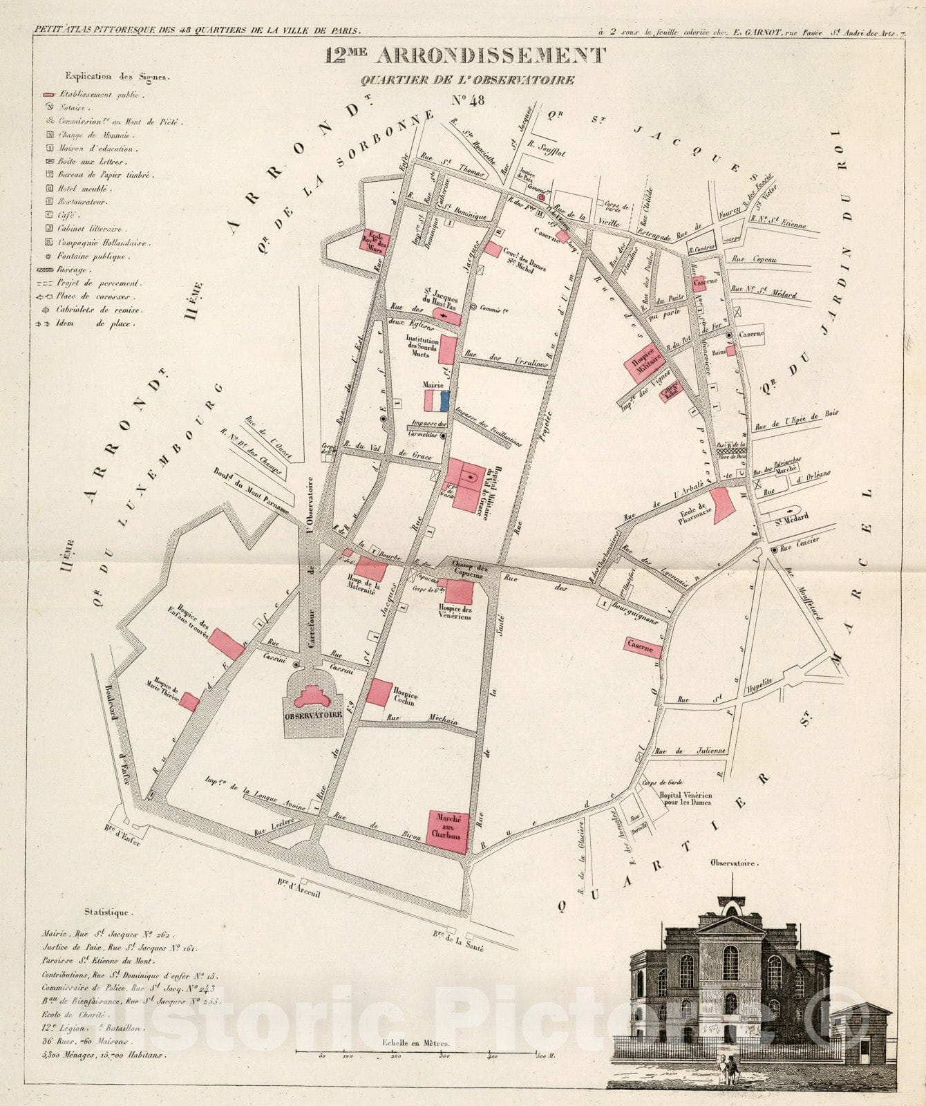 Historic Map : Paris twelve Me. Arrondissement : Quartier de l' Observatoire. No. 48, 1834, Vintage Wall Decor