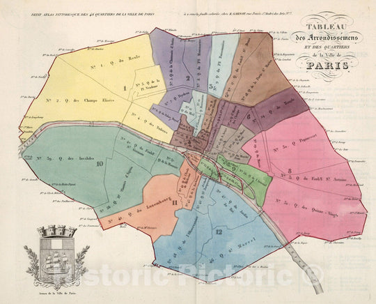 Historic Map : Index: Tableau des arrondissemens et des quartiers de la Ville de Paris, 1834, Vintage Wall Decor