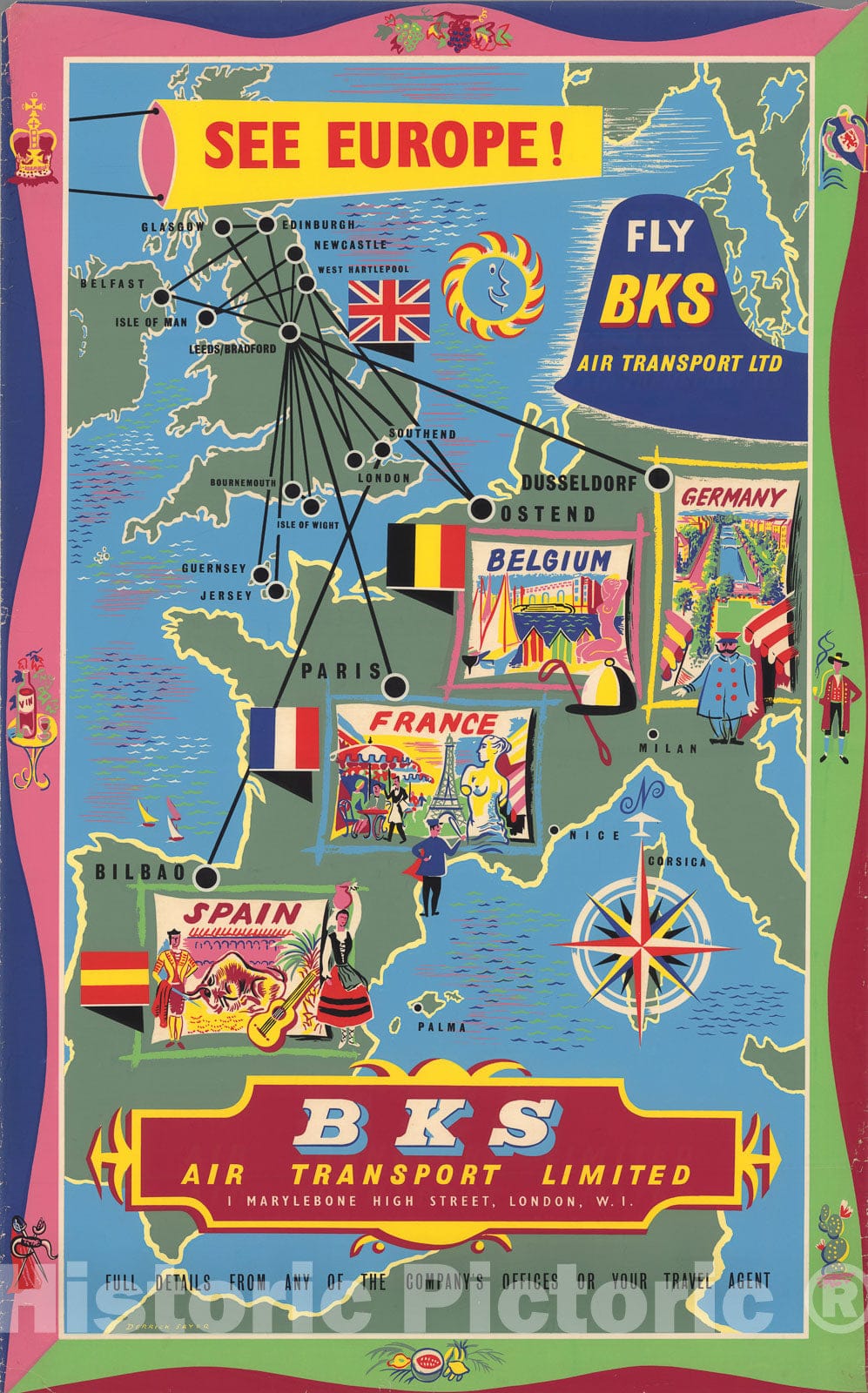 Historic Map : See Europe! Fly BKS Air Transport Limited, 1950, Vintage Wall Decor