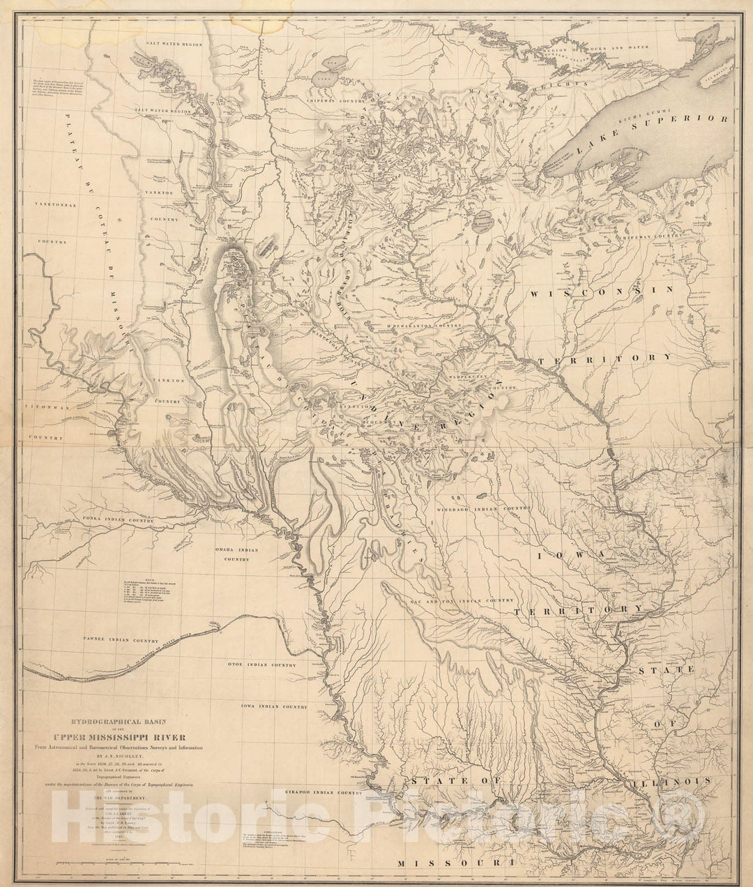 Historic Map : Hydrographical Basin of the Upper Mississippi River from Astronomical and Barometrical Observations Surveys, 1845, Joseph N. Nicollet, Vintage Wall Art