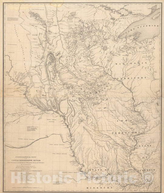 Historic Map : Hydrographical Basin of the Upper Mississippi River from Astronomical and Barometrical Observations Surveys, 1845, Joseph N. Nicollet, Vintage Wall Art