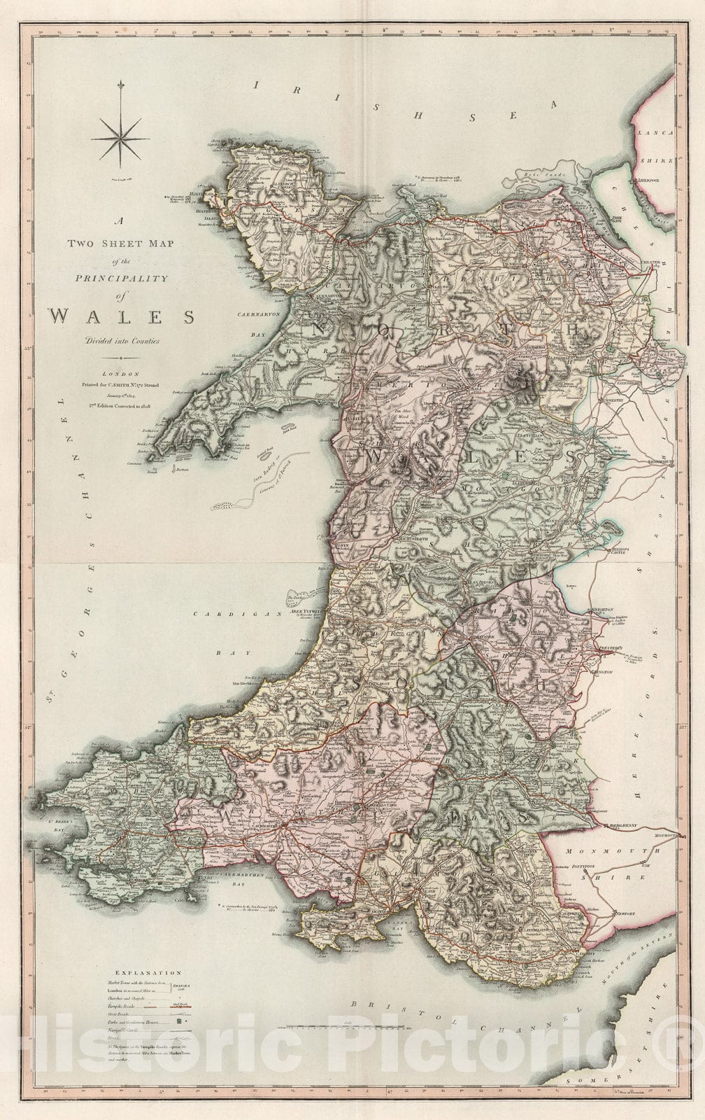 Historic Map : A two sheet map of the principality of Wales. Sheet 1-2, 1809, Vintage Wall Decor