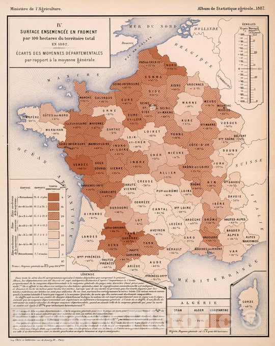 Historic Map : IV. Surface ensemencee en froment par 100 hectares du territoire total en 1882, 1887, Vintage Wall Decor