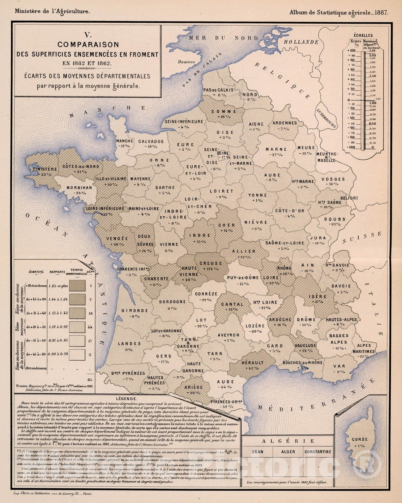 Historic Map : V. Comparaison des superficies ensemencee en froment en 1882 et 1862, 1887, Vintage Wall Decor