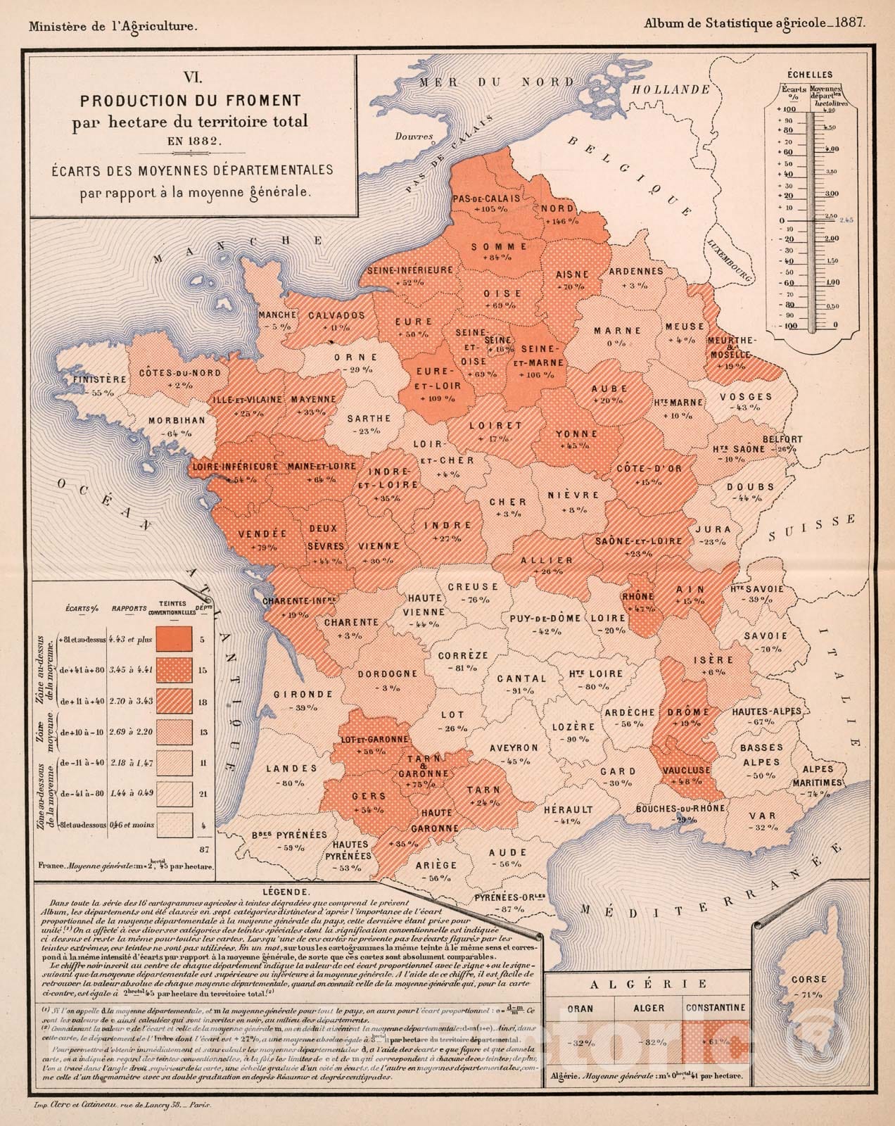 Historic Map : VI. Production du froment par 100 hectares du territoire total en 1882, 1887, Vintage Wall Decor