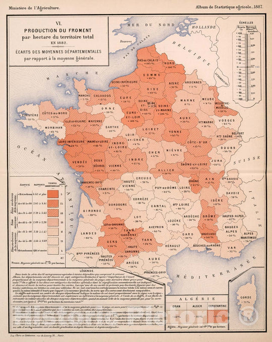 Historic Map : VI. Production du froment par 100 hectares du territoire total en 1882, 1887, Vintage Wall Decor