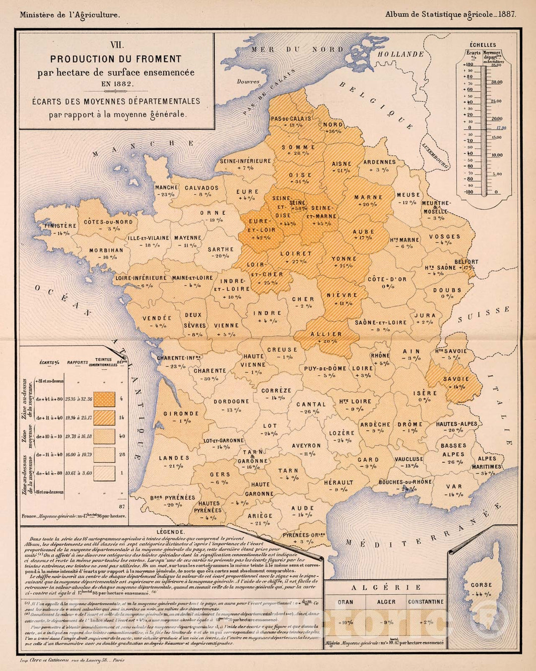 Historic Map : VII. Production du froment par hectare surface ensemencee, En 1882, 1887, Vintage Wall Decor