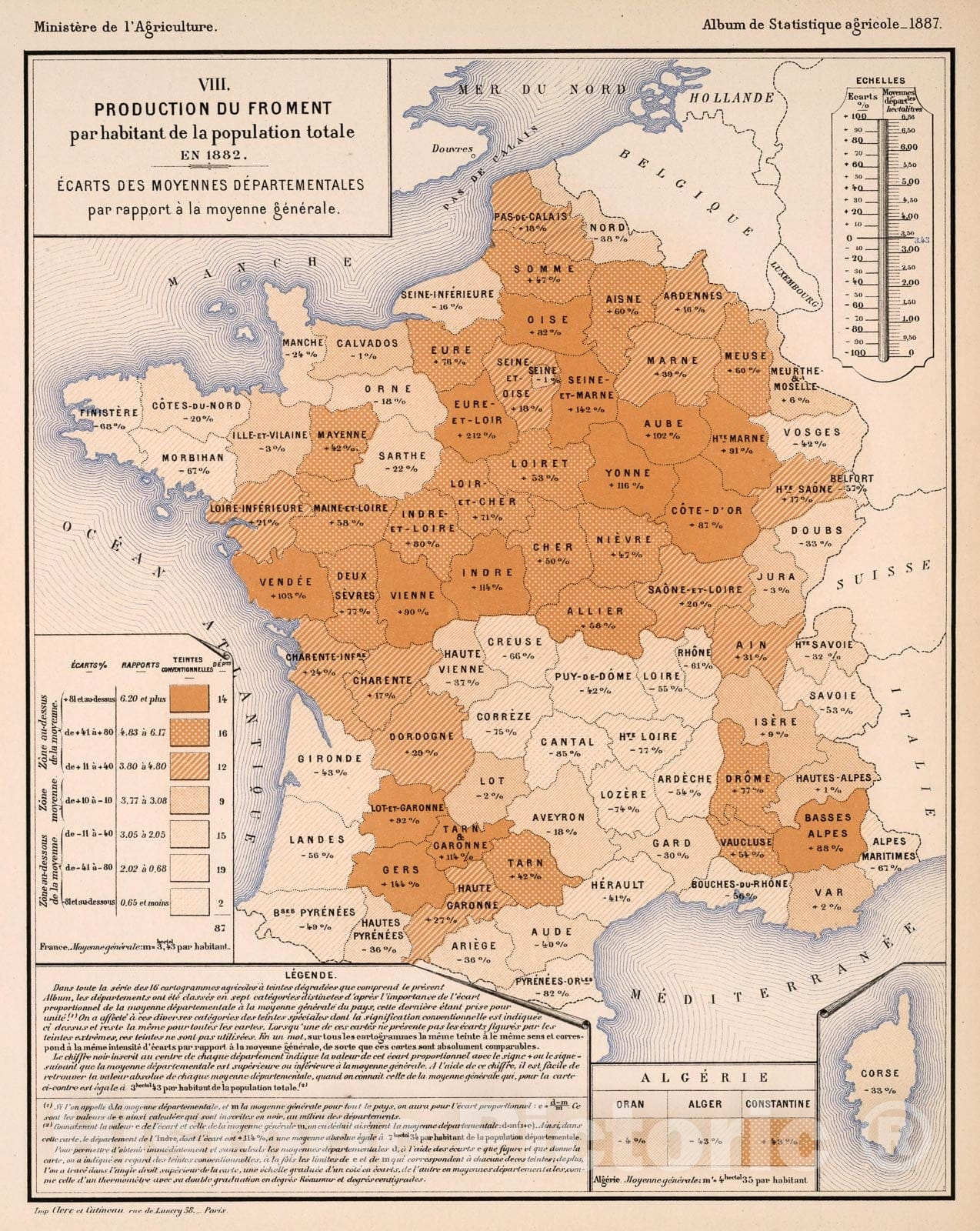 Historic Map : VIII. Production du froment par habitant de la population total, En 1882, 1887, Vintage Wall Decor