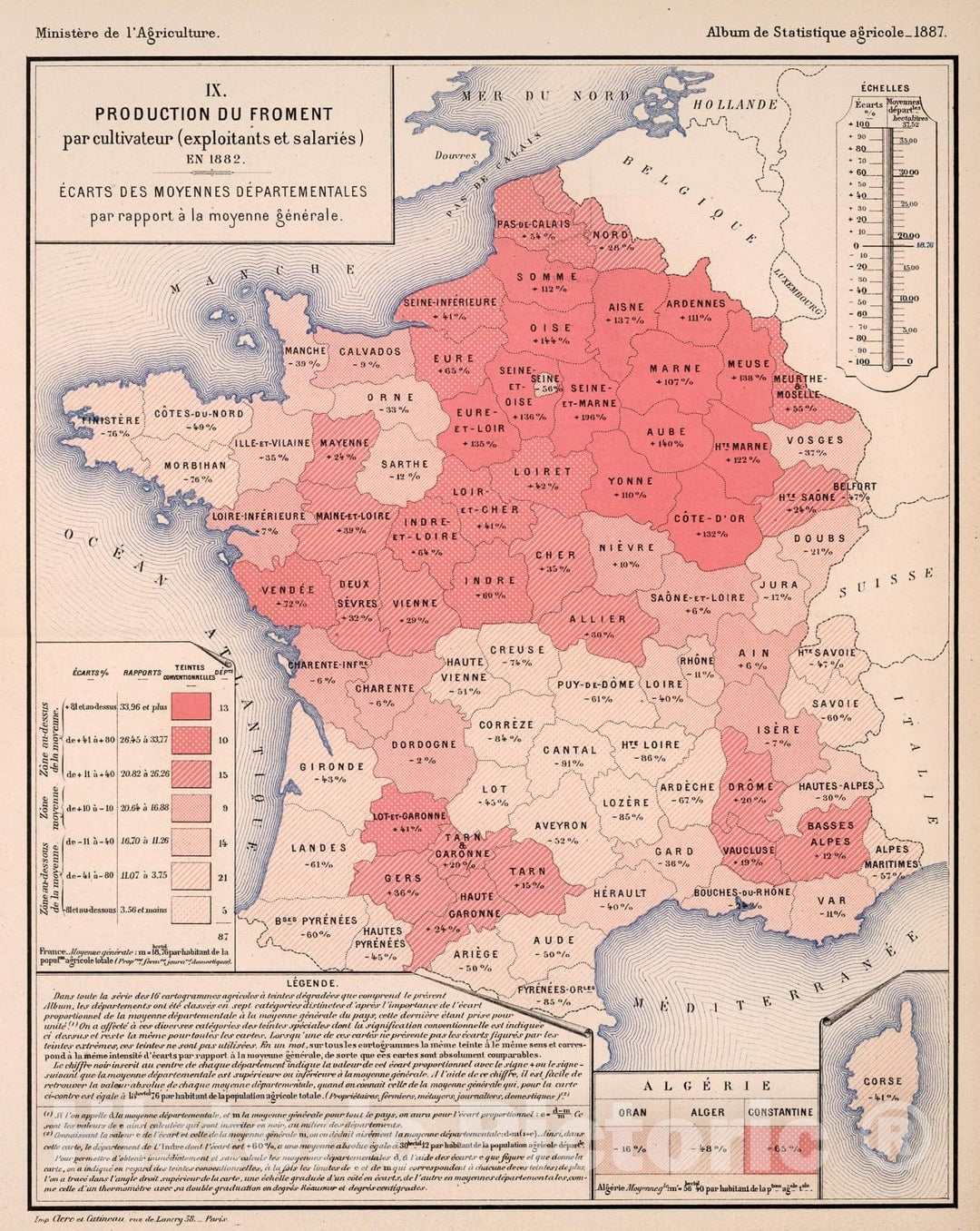 Historic Map : IX. Production du froment par cultivateur (exploitant et salaries), En 1882, 1887, Vintage Wall Decor