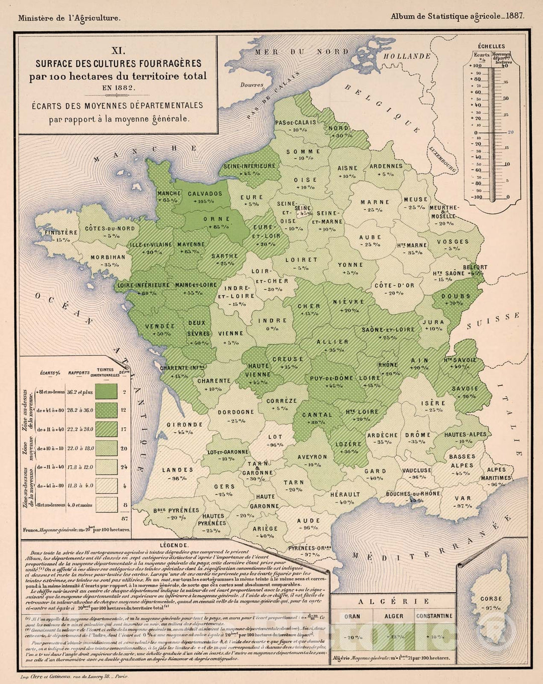 Historic Map : XI. Surface des cultures fourrageres par 100 hactares du territoire total, en 1882., 1887, Vintage Wall Decor