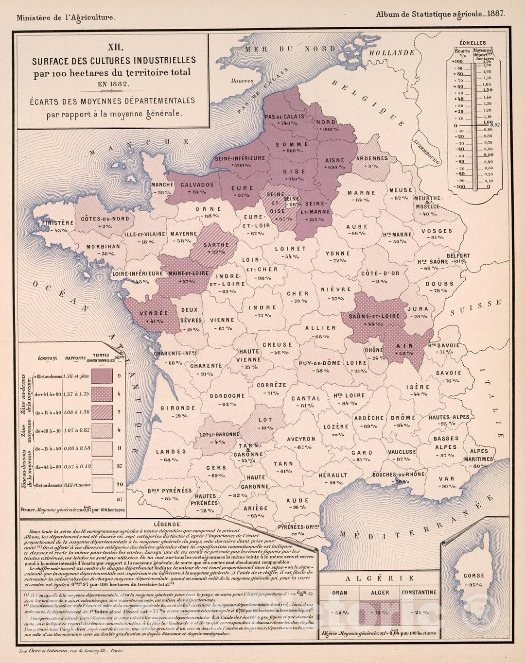 Historic Map : XII. Surface des cultures industrielles par 100 hectares du territoire total, en 1882, 1887, Vintage Wall Decor