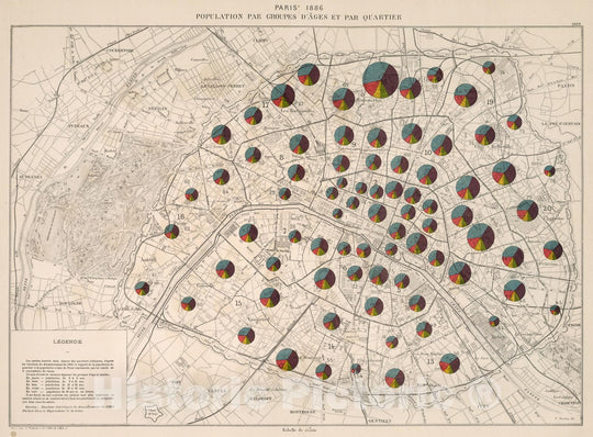 Historic Map : Paris 1886 : Population par groupes d'ages et par quartier, 1889, Vintage Wall Decor