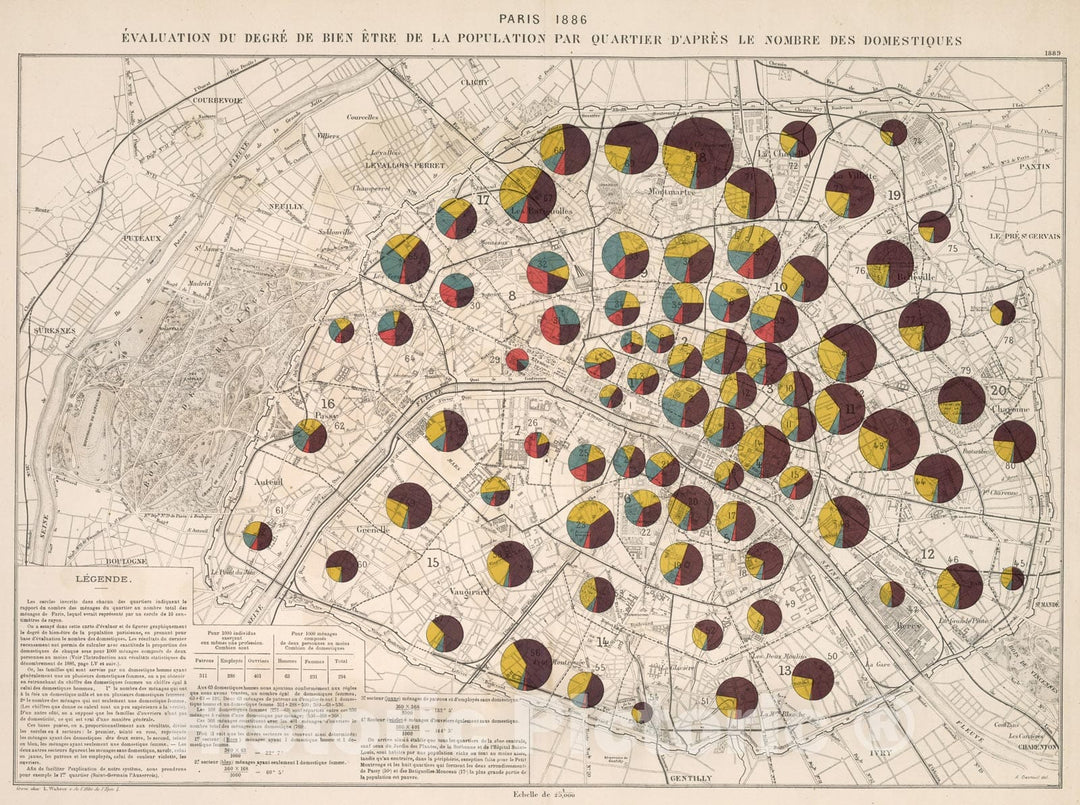 Historic Map : Paris 1886 : Evaluation du degre de bien-etre de la population par quartier d'apres la nombre des domestiques, 1889, Vintage Wall Decor