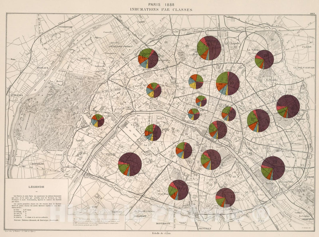 Historic Map : Paris 1888 : Inhumation par classes, 1889, Vintage Wall Decor