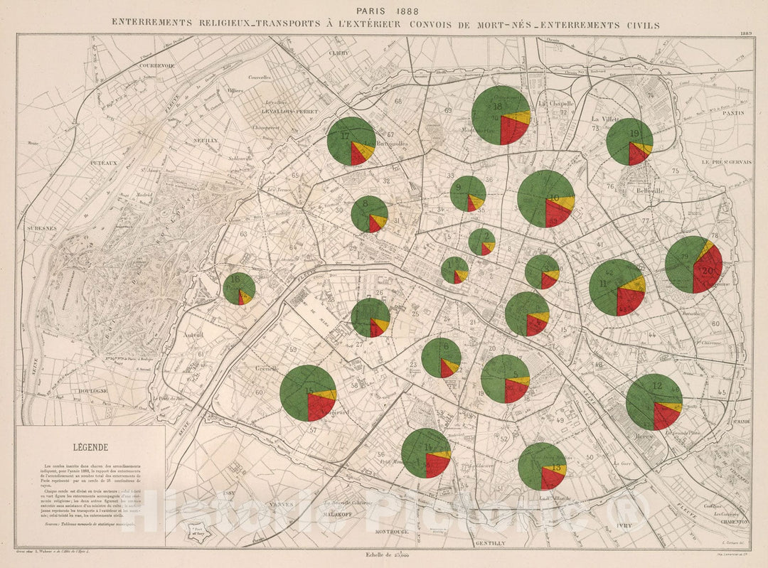 Historic Map : Paris 1888 : Enterrements religeux, 1889, Vintage Wall Decor