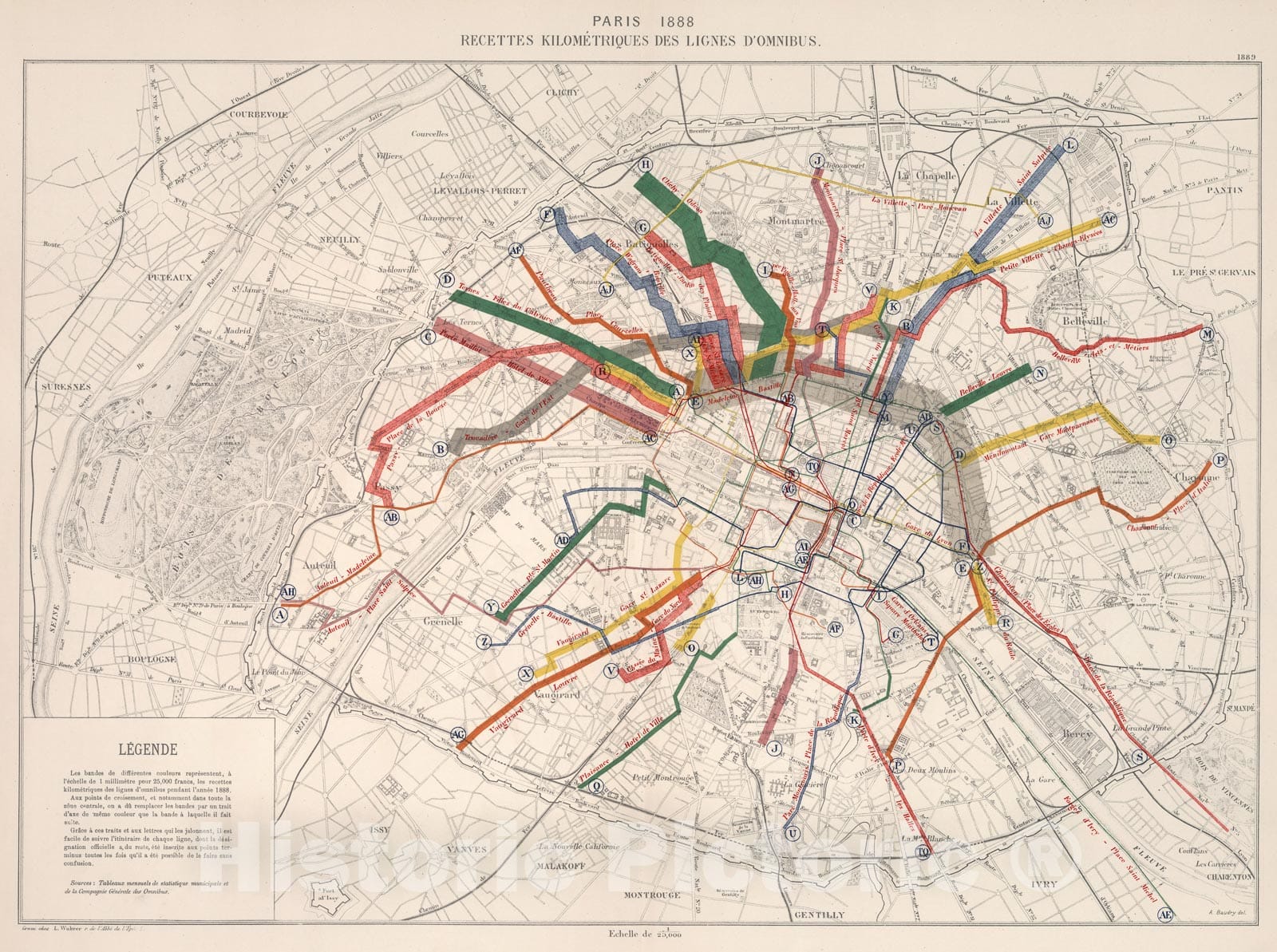 Historic Map : Paris 1888 : Recettes kilometriques des ligne d'Omnibus, 1889, Vintage Wall Decor