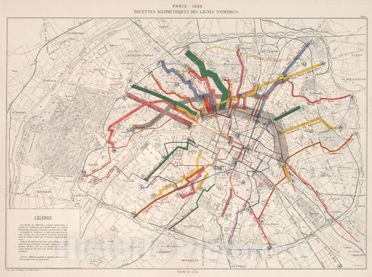 Historic Map : Paris 1888 : Recettes kilometriques des ligne d'Omnibus, 1889, Vintage Wall Decor