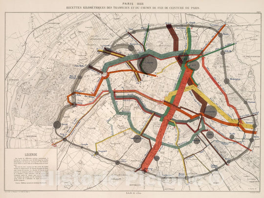 Historic Map : Paris 1888 : Recette kilometriques des tramways et chemin de fer de ceinture de Paris, 1889, Vintage Wall Decor