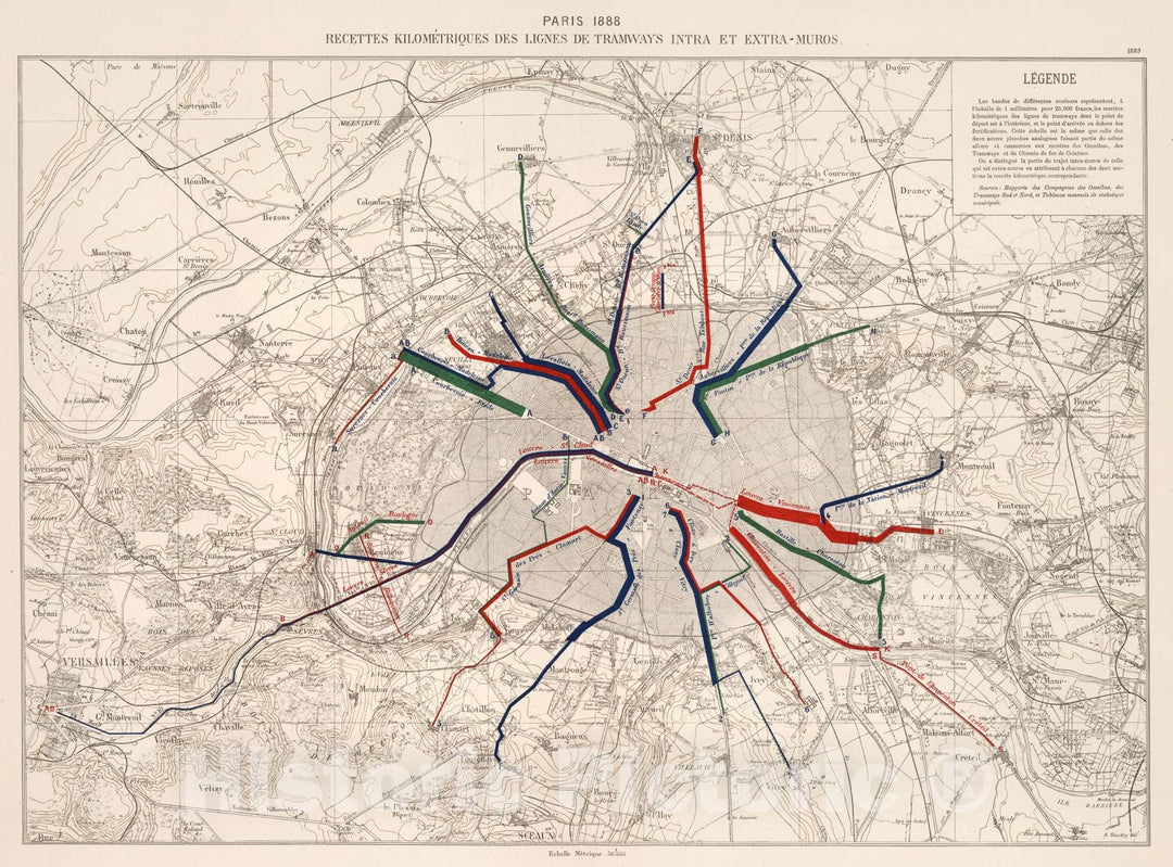 Historic Map : Paris 1888 : Recette kilometriques des ligns de tramways intra et extra - muros, 1889, Vintage Wall Decor