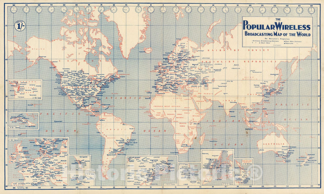 Historic Map : The popular wireless broadcasting map of the world, 1930, Vintage Wall Decor