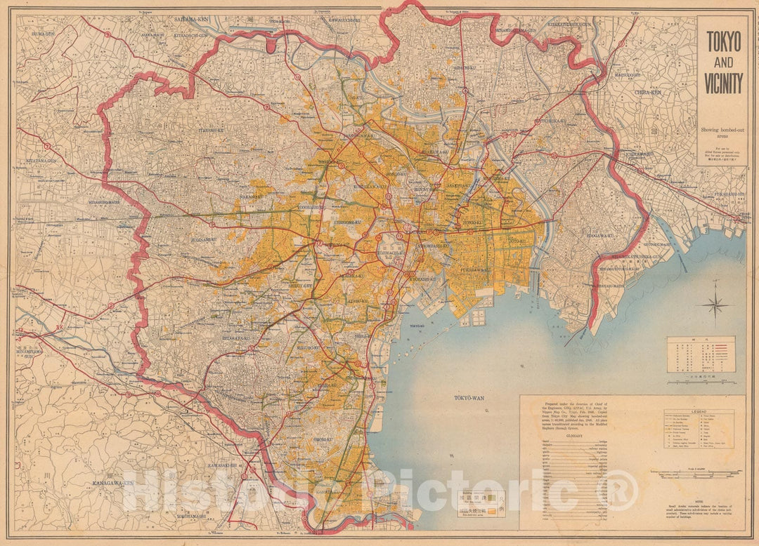 Historic Map : Tokyo and vicinity, showing bombed-out areas, 1946, Vintage Wall Decor