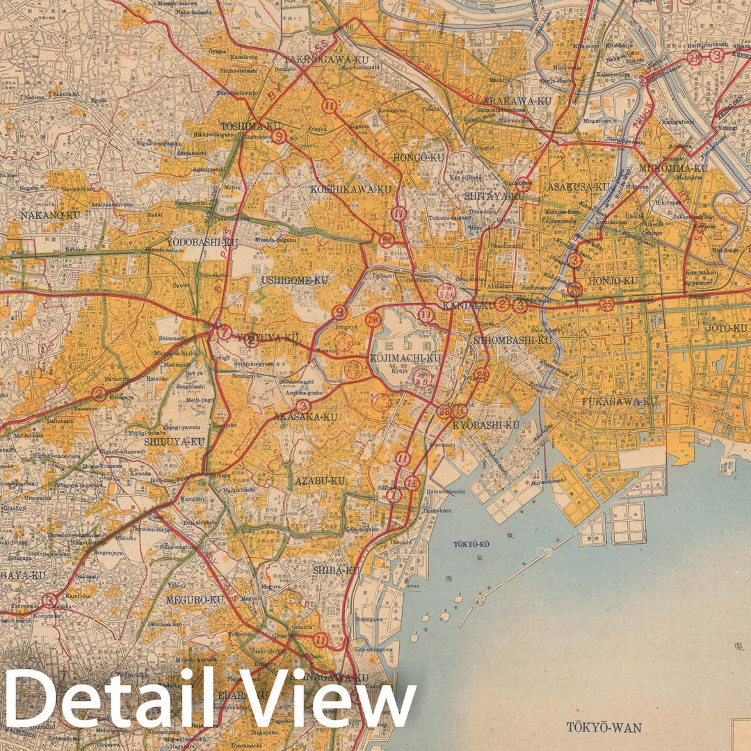 Historic Map : Tokyo and vicinity, showing bombed-out areas, 1946, Vintage Wall Decor