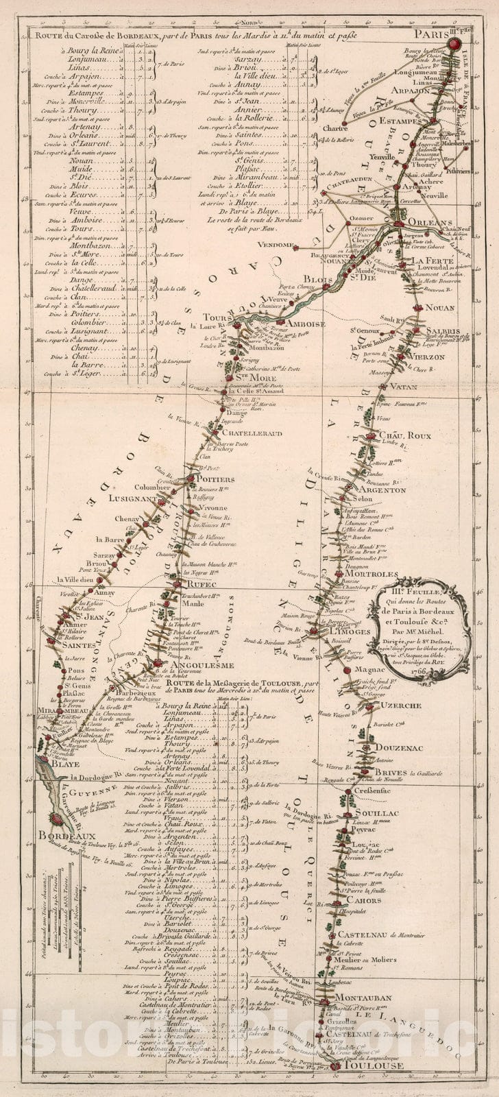 Historic Map : IIIe. Feuille, Qui donne les Routes de Paris a Bordeaux et Toulouse etc., 1765, Vintage Wall Decor