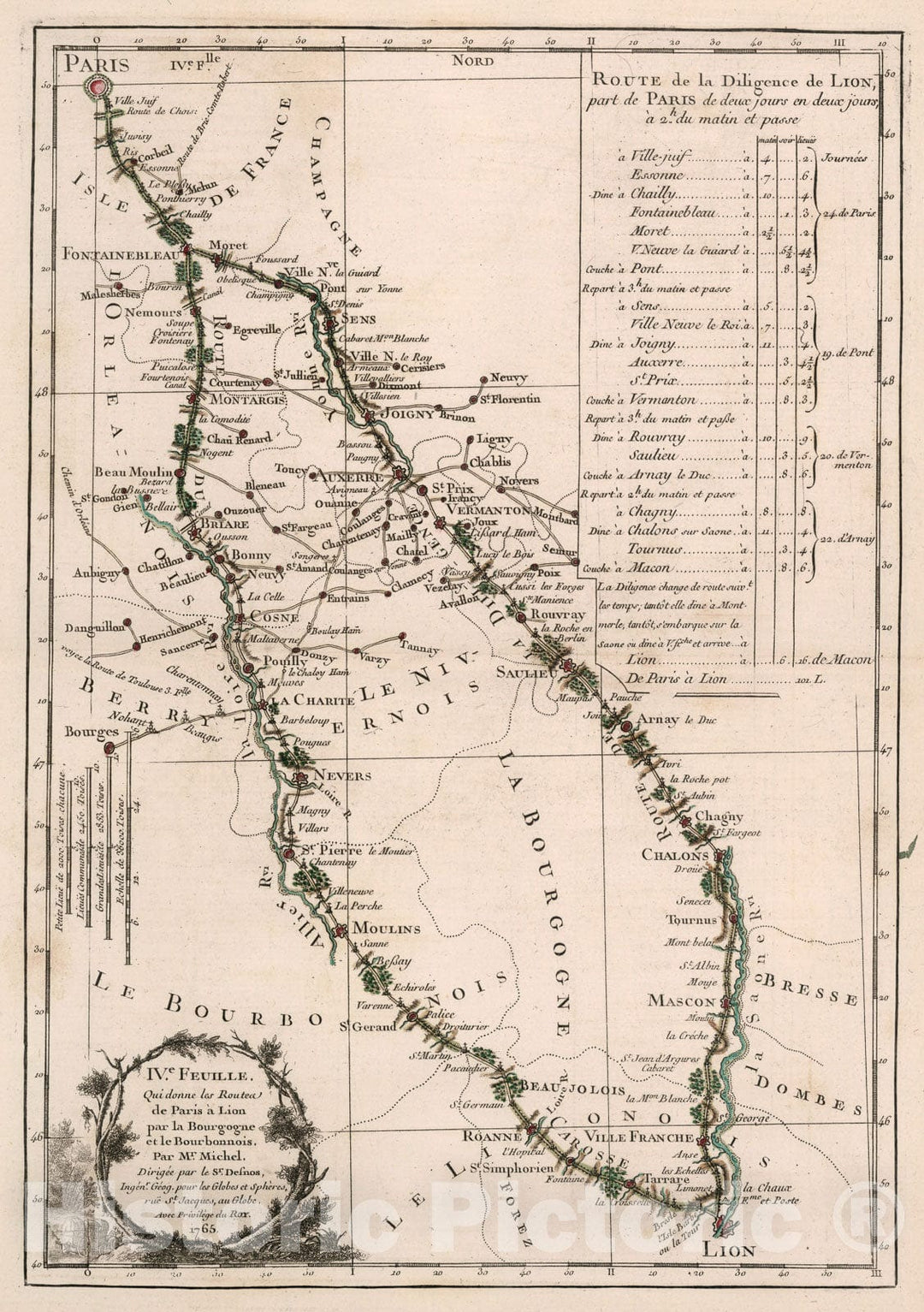 Historic Map : IVe. Feuille qui donne les routes de Paris a Lion, 1765, Vintage Wall Decor