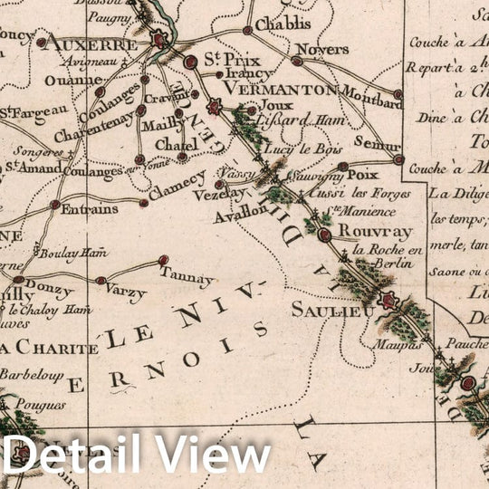 Historic Map : IVe. Feuille qui donne les routes de Paris a Lion, 1765, Vintage Wall Decor