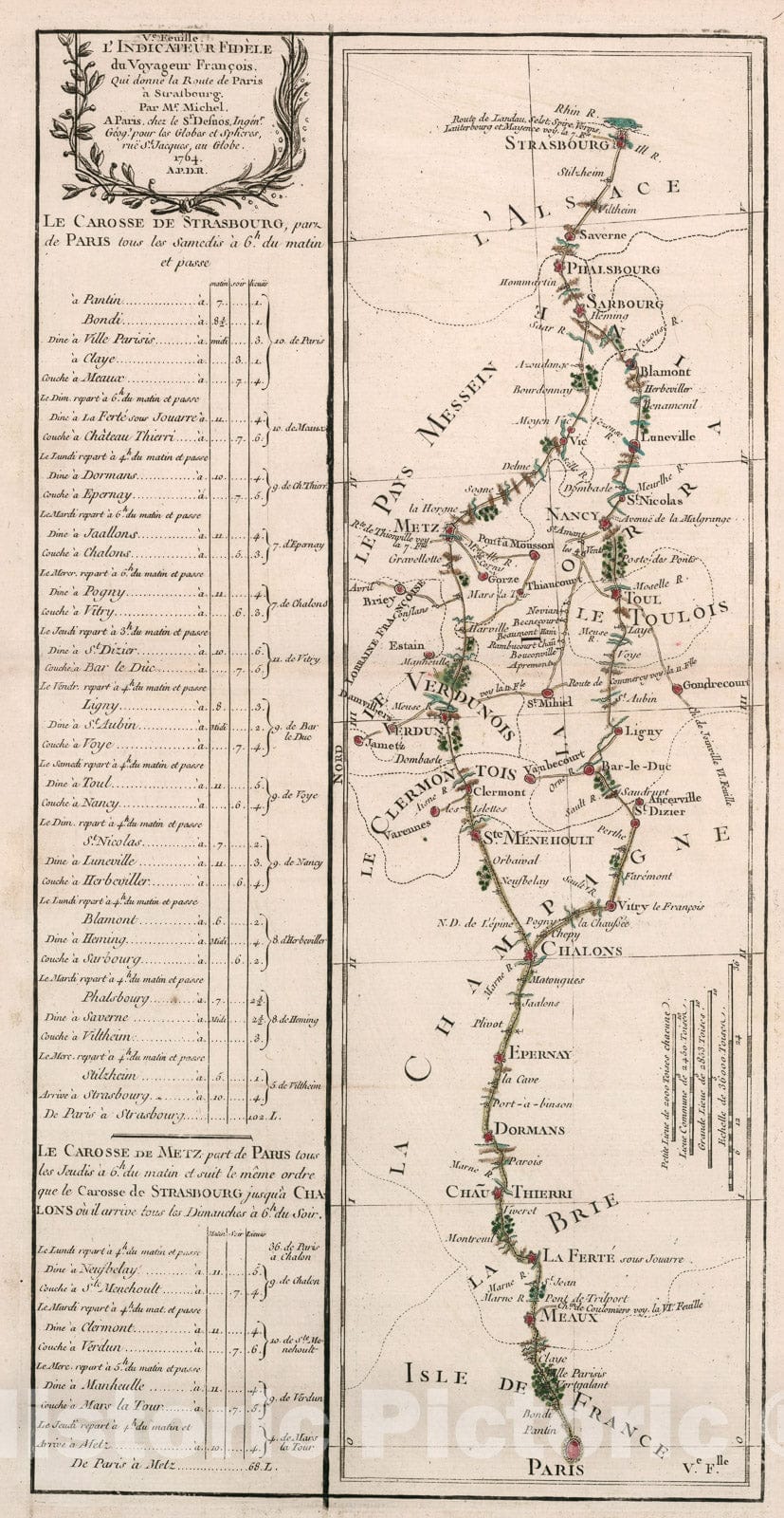 Historic Map : Ve. Feuille. L'indicateur fidele du Voyageur Francois qui donne la Route de Paris a Strasbourg, 1765, Vintage Wall Decor