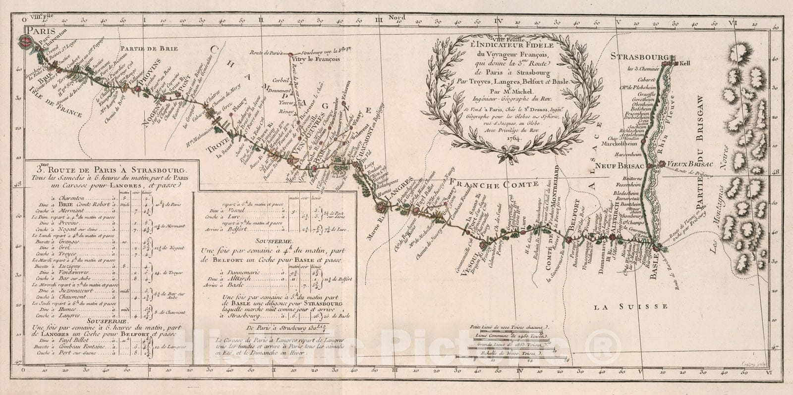 Historic Map : VIIIe. Feuille, L'indicateur fidele, du voyageur Francois, qui donne la 3me. route de Paris a Strasbourg par Troyes, 1765, Vintage Wall Decor