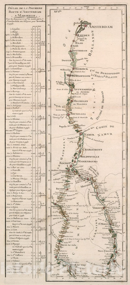 Historic Map : XI Feuille, Detail de la premiere route d'Amsterdam a Marseille, 1765, Vintage Wall Decor