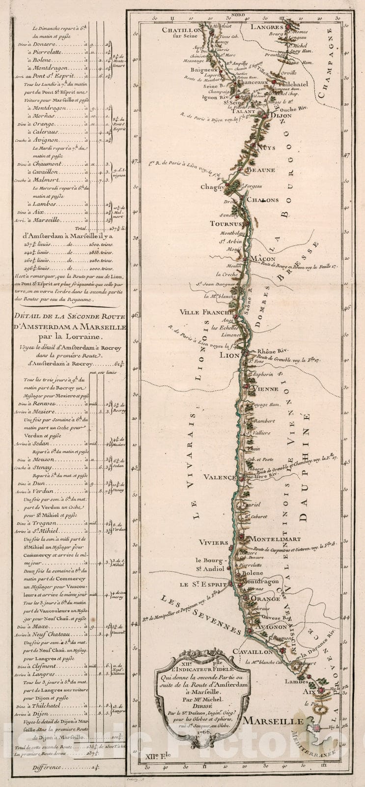 Historic Map : XII IFeuille. L'indicateur fidele, qui donne la seconde partie ou suite de la route d'Amsterdam a Marseille, 1765, Vintage Wall Decor