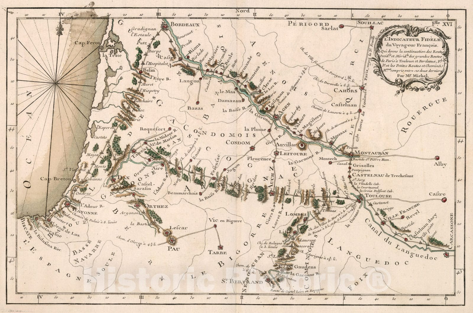 Historic Map : XVIe. Feuille. Qui donne la continuation des routes occid.le et merid.le des grandes routes de Paris a Toulouse et Bordeaux, 1765, Vintage Wall Decor